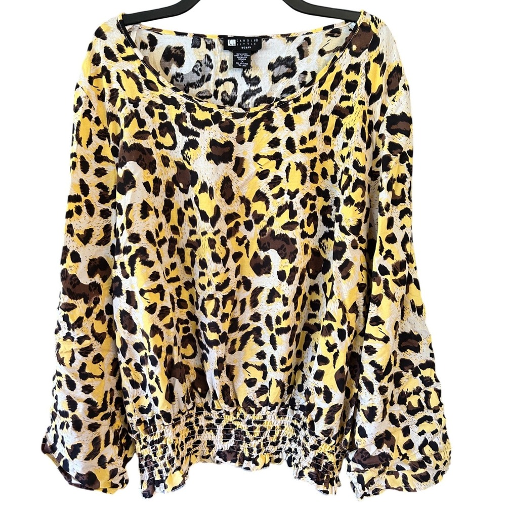 Carole Little Womans Leopard Print Blouse Smocked Hem Roll Tab Sleeve Yellow 1X
